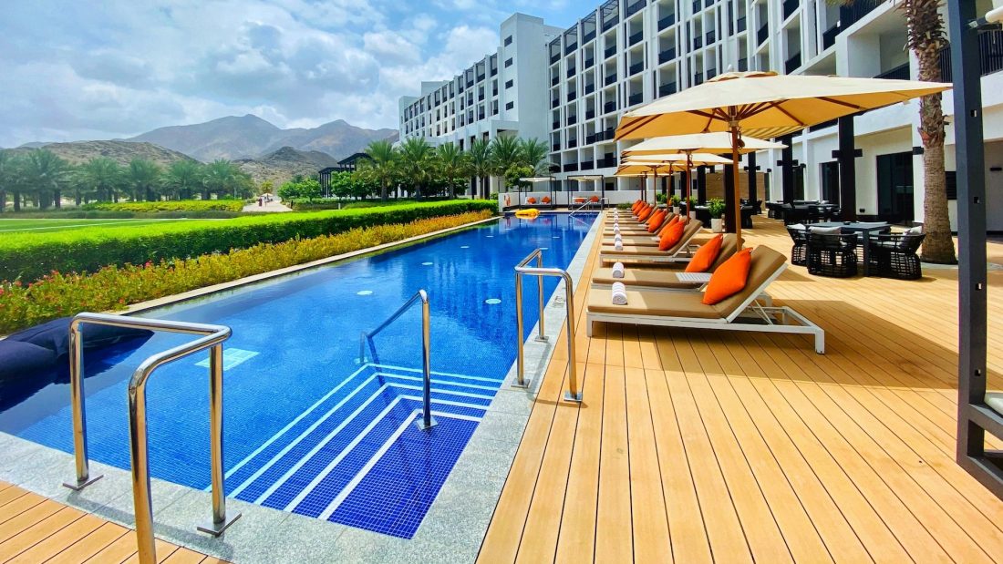 An outdoor hotel pool.